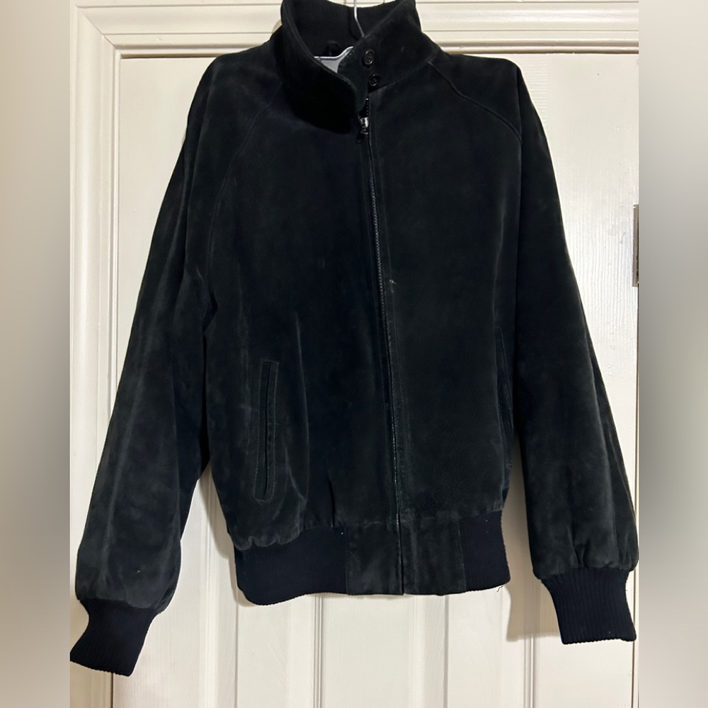 Vintage 80s / 90s Copper Key Suede Leather Raglan Style Bomber Jacket in Black